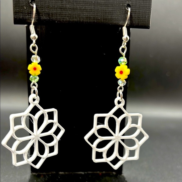 Silver Geometric Earrings with Yellow Flower Accents - Picture 3 of 6